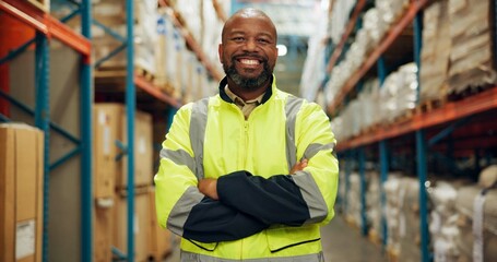 Portrait, black man and confident at warehouse for distribution, logistics industry and package...