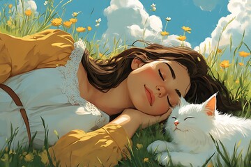 Cute girl and a cat sleeping on the field.