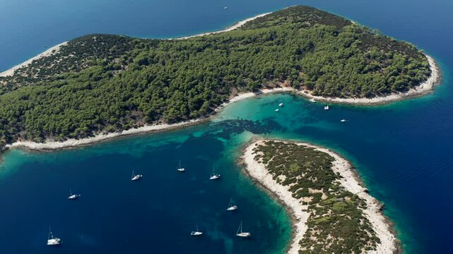 Above View Of Sailboats Around Island Lastovo In South Dalmatia, Croatia. Aerial Drone Shot