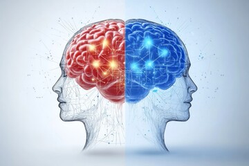 Obraz premium Split image of two heads with glowing red and blue brains symbolizing hemispheric specialization neural networks and the fusion of biological and digital cognition
