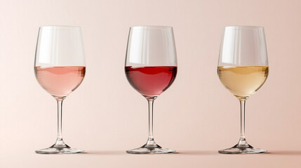 Three wine glasses showcasing ros&eacute;, red, and white wines against a soft background