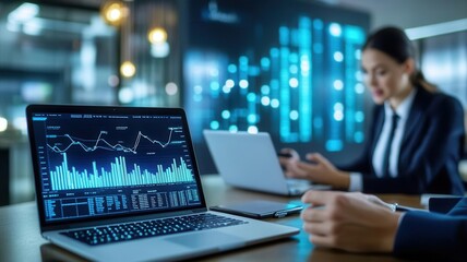 Professionals discussing supply chain optimization strategies, laptops and digital charts in a modern corporate space