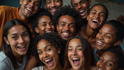 Obraz premium Close-up of a large group of friends laughing and smiling, showcasing diverse faces and joy