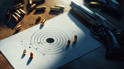 Target Practice with Handgun and Bullets on Table