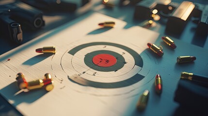 "Target Shooting Layout with Ammunition and Bullet Casings"