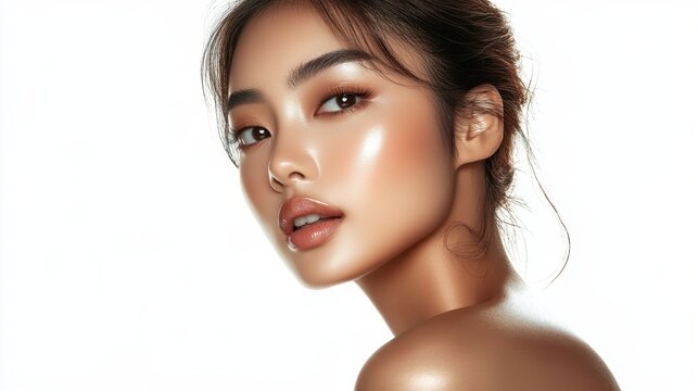 Young Asian woman with Contour and Highlight makeup sample,Young beautiful womman applying makeup using a brush,Professional Contouring face make-up over,Make up woman face.