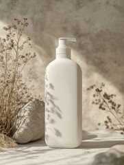 White shampoo bottle mockup in beige interior.