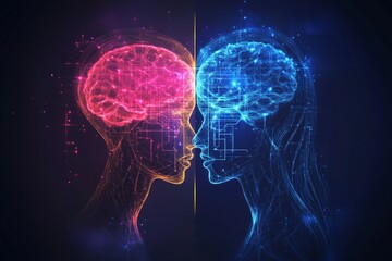 Abstract image of two human heads with a glowing brain split between red and blue symbolizing the duality of human thought and digital processing in artificial intelligence