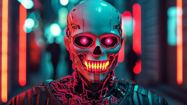 A futuristic robot with a skull design, featuring glowing red eyes