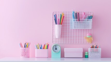Colorful desk organization with stationery supplies on a pastel pink background, showcasing creativity and tidiness in a workspace