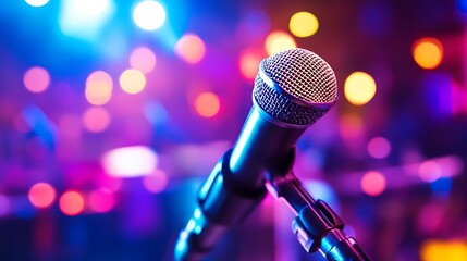 Close up of microphone with blurred lights background