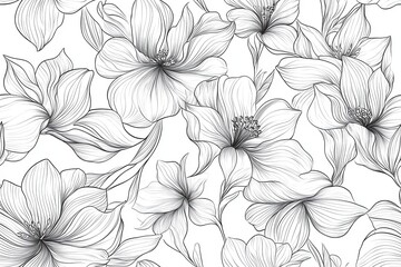 A detailed black and white floral pattern featuring various blossoms.