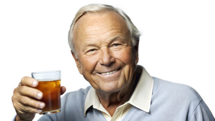 Happy Older Man with a Glass of Cold Drink at a Public Event, transparent background, arnold palmer