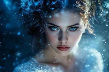 Beauty woman with blue eyes and snow covered winter makeup