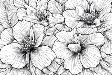 Fototapeta premium A detailed black and white illustration of blooming flowers, ideal for coloring or design projects.