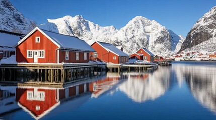Fototapeta premium A serene winter landscape featuring red cabins by a snowy mountain lake, reflecting the beauty of nature.
