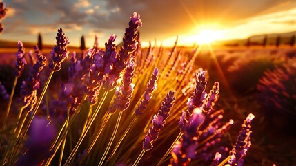 ethereal lavender fields of provence, france, sunset glow the lavender fields of provence are bathed in a soft, golden sunset glow. 
