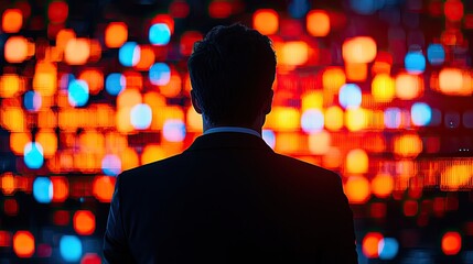 A contemplative figure stands against a backdrop of vibrant, colorful lights, evoking feelings of intrigue and inspiration.