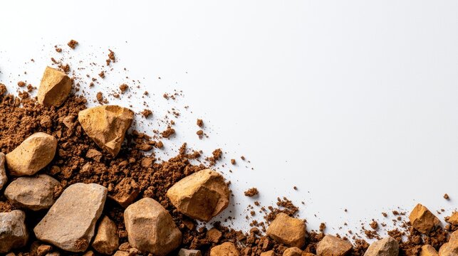 A close-up view of brown soil and scattered rocks, perfect for agriculture, landscaping, or construction themes.