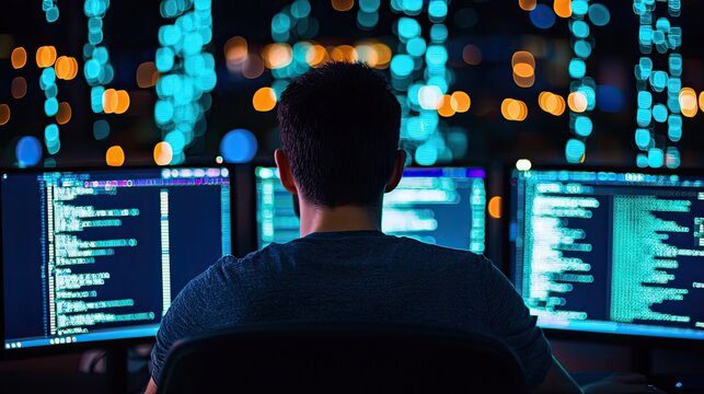 A focused programmer working late at night, surrounded by multiple screens displaying complex code and vibrant lights.