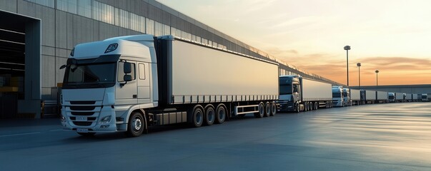Trucks lined up at a logistics hub, ready for international transportation, photo-realistic scene