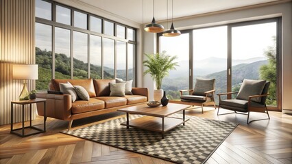 Sleek living room with cream-colored walls, statement geometric patterned rug, minimalist wooden coffee table, leather armchair, and floor-to-ceiling windows with subtle natural light.