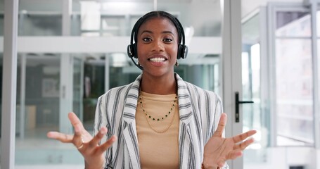 Video call, portrait and black woman in office with headset, smile or crm consultant in sales support webinar. Advice networking or virtual assistant in conversation for online training in meeting
