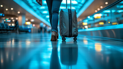 A person's hand pulling a wheeled travel bag along an airport walkway