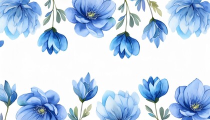 Watercolor blue flowers are framing a white background