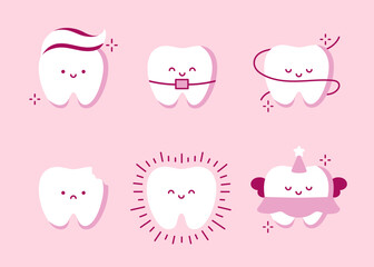 Set of Teeth Characters for Children's dentistry. Cute Teeth Emoji. Healthy Tooth, Tooth with Toothpaste, Braces, Dental Floss, Tooth Fairy. Vector Illustration in Flat Style on Pink Background