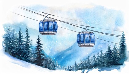Obraz premium This watercolor painting shows two cable cars moving over snowy pine trees with a mountain in the background