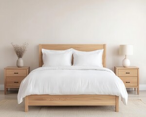 Bright minimalist bedroom with a low-profile beige bed, light wood furniture, and an airy, open design, minimalist style, spacious bedroom