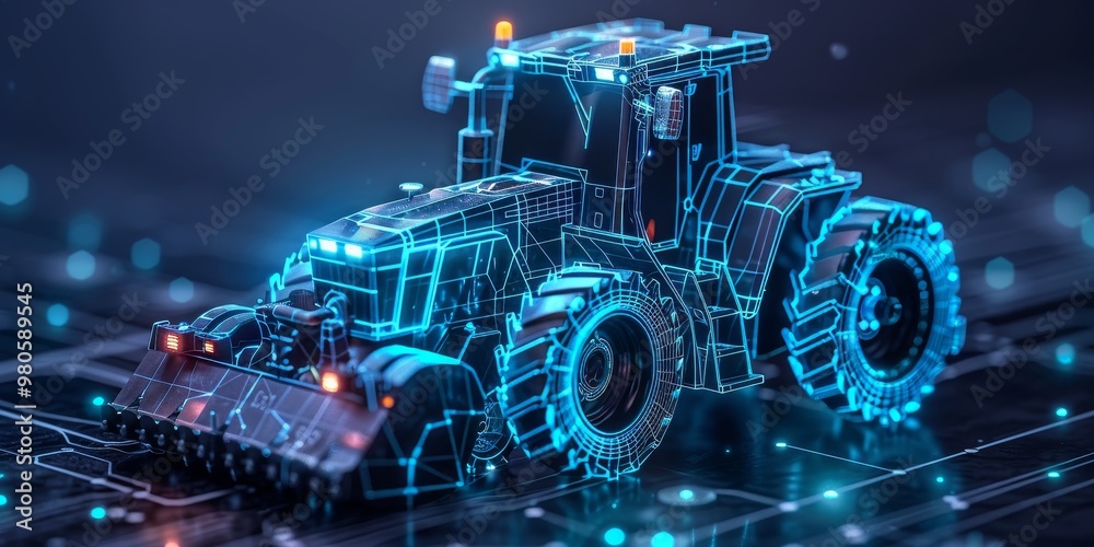 Poster Digital wireframe visualization of a tractor representing advanced technology and innovation in agriculture, highlighting the future of automated farming machinery.