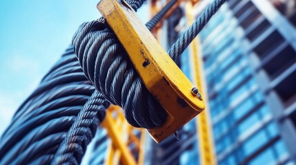 Close Up of Steel Cable on a Construction Crane, Lifting Heavy Construction Materials