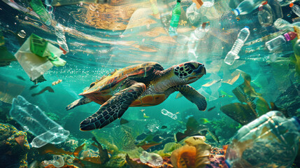 Fototapeta premium The Turtle in Polluted Waters