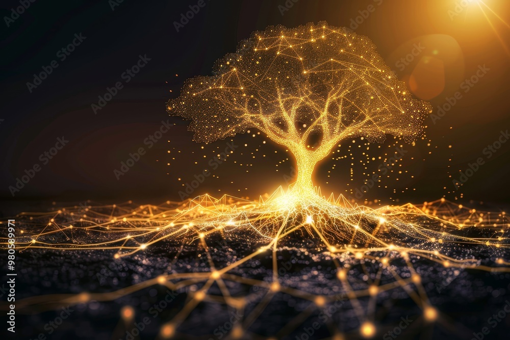 Poster Digital tree with glowing roots and branches symbolizing the interconnectedness of technology and nature, representing growth and innovation in a virtual environment.