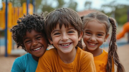 Fototapeta premium Joyful Children Smiling and Playing Together at a Colorful Playground on a Sunny Day