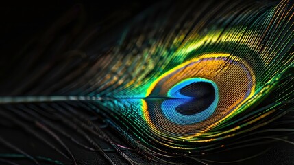 Obraz premium A close-up image of a peacock feather with vibrant colors and intricate patterns. The eye of the feather is in sharp focus.