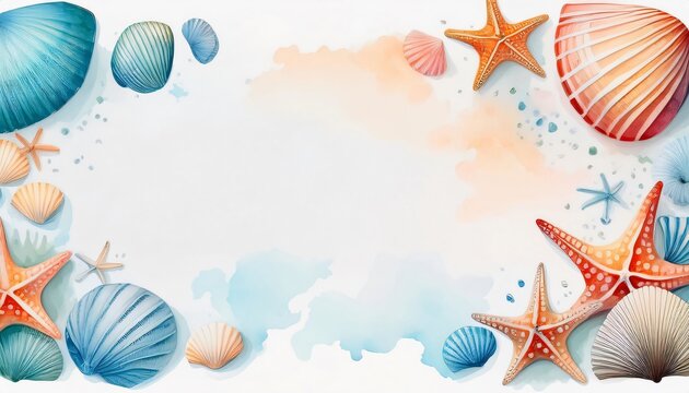 Seashells and starfish border with watercolor splashes on white background, creating space in the center