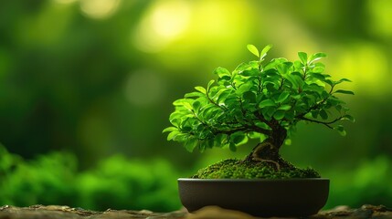 A vibrant bonsai tree sits in a pot, showcasing lush green leaves and intricate branches, symbolizing nature and tranquility.