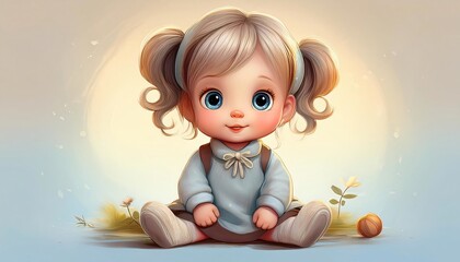 Adorable little cartoon girl with large blue eyes, dressed in blue, seated on the floor and smiling