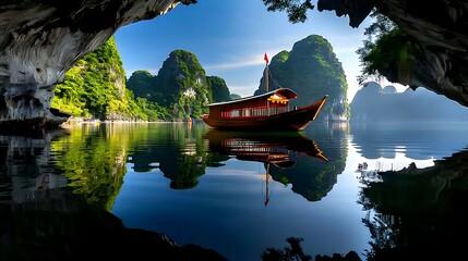 dramatic ha long bay, vietnam, limestone karsts rising from sea towering limestone karsts rise dramatically from the tranquil waters of ha long bay. 