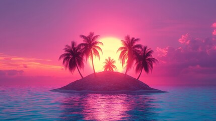 Small circular tropical island with tall palms, floating in a holographic turquoise ocean, glowing under a neon sunset, Futuristic, Neon colors, 3D render, Surreal atmosphere