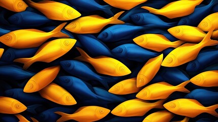 Fototapeta premium A vibrant pattern of yellow and blue fish swimming together, creating a stunning visual display of marine life.