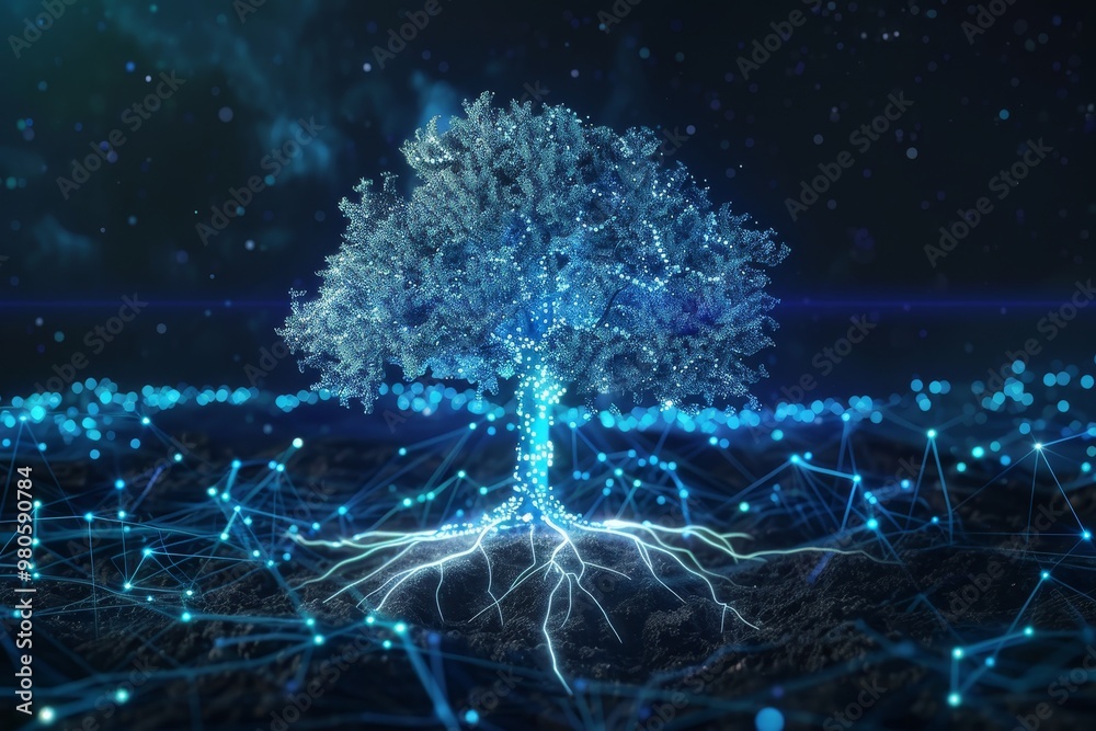 Poster Digital tree with glowing roots and branches symbolizing the interconnectedness of technology and nature, representing growth and innovation in a virtual environment.