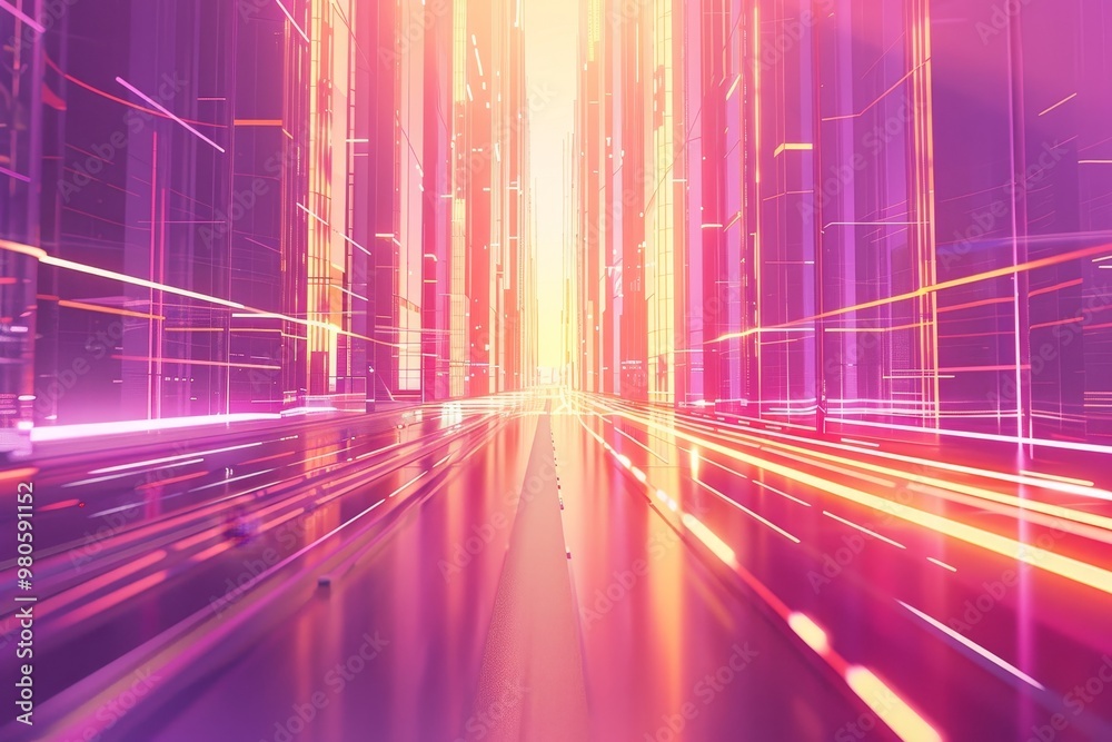 Poster Dynamic abstract scene with vibrant neon lights and motion trails, representing the futuristic energy and speed of a high-tech digital city environment.