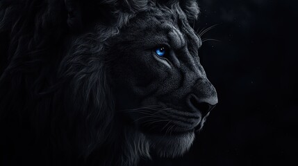 Majestic Black Lion with Blue Eyes in Dark Background