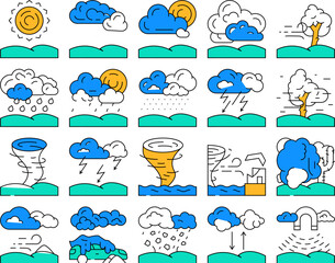 weather forecast rain sun cloud icons set vector. climate temperature, meteorology sky, sunny nature, storm wind, snow cold day weather forecast rain sun cloud color Contour Illustrations