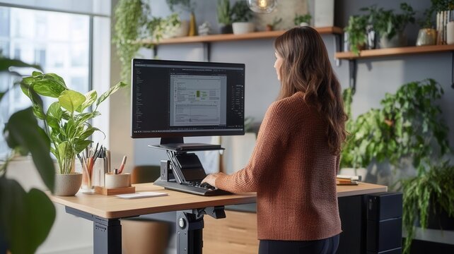 Employee using an adjustable desk setup, promoting posture and ergonomic wellness at work