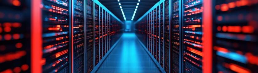 Futuristic data center corridor with illuminated server racks, showcasing advanced technology and vibrant lighting.